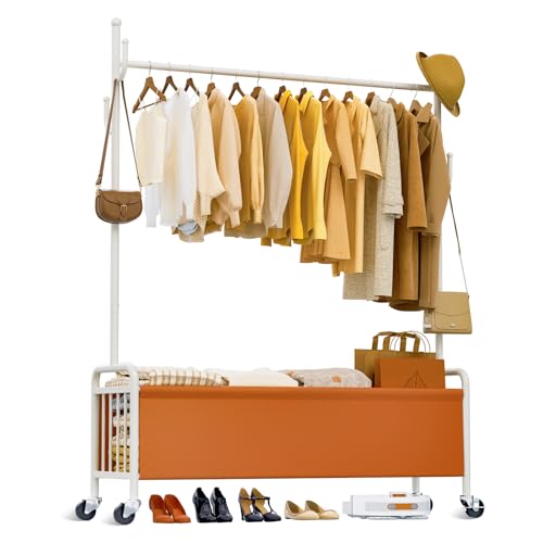 FLOUREE Kleiderständer Auf Rollen 3-in-1 und Aufbewahrungskorb Kleiderständer Stabil Kleiderstange zum Aufhängen von Kleidungsstücken für Schlafzimmer, Wohnzimmer, Flur, Eingangsbereich, 80cm Breit von FLOUREE