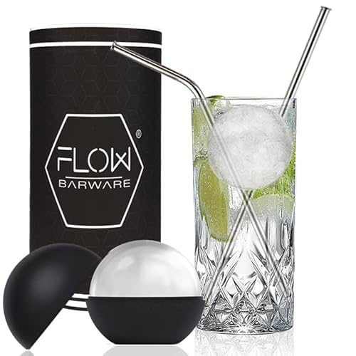 FLOW Barware Highball Glasmixer Set mit Mega Eiskugelform & Metallstrohhalmen/Cocktailrührern. Perfekt für Gin & Tonic, Wodka & Cola & Cocktails von FLOW Barware