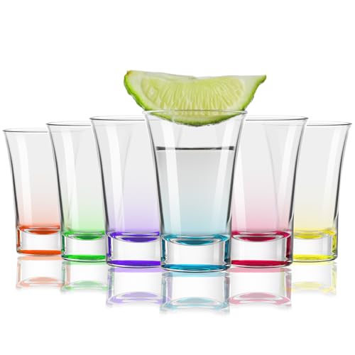 FLOW Barware Schnapsgläser | Farbige Schnapsgläser mit schwerem Boden | 25 ml / 50 ml Schnapsgläser | Stapelbares farbiges Schnapsglas Set für Wodka, Tequila, Whisky Shots | Mehrfarbig von FLOW Barware