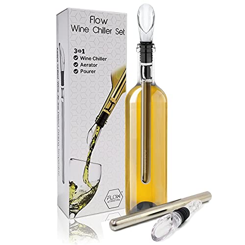 FLOW Barware Weinkühler, 3-in-1-Weinkühlstab, Weinbelüfter und tropffreier Weinausgießer, Stahl-Weinkühlstab, Weinflaschenkühler und Weinkühlstab mit Ausgießer von FLOW Barware