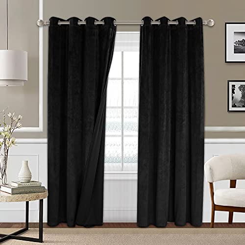 FLOWEROOM 2 Stück Verdunklungsvorhang Samtvorhänge, 175x140 cm(Hx B) Schwarz - Thermogardine Ösenvorhang Blickdicht Vorhang mit Ösen Fenstervorhänge für Schlafzimmer Wohnzimmer von FLOWEROOM