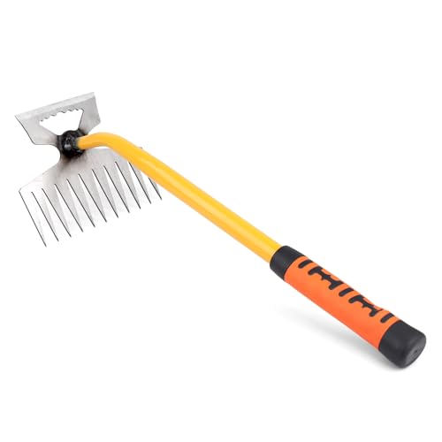 FLOWERUN Hand Unkrautstecher mit Ergonomischem Griff, Unkrauthacke mit 11 Zinken aus Edelstahl für Gartenarbeit, Beete, Wege, Blumenbeete und Gemüsebeet (Orange) von FLOWERUN