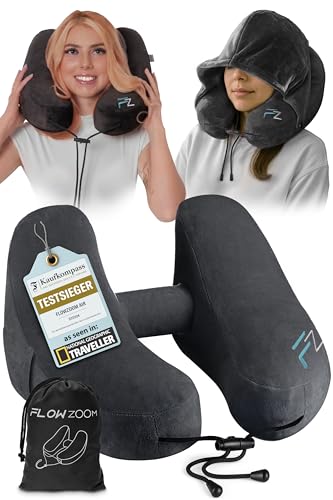 FLOWZOOM Air Nackenkissen Flugzeug – H-Design Reisekissen für 5 Schlafpositionen, schnell aufblasbar & druckregulierbar – Nackenhörnchen mit abnehmbarer Kapuze & weichem Plüschbezug – Größe M, Schwarz von FLOWZOOM