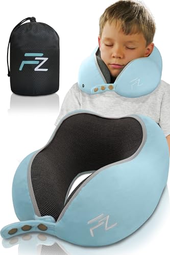 FLOWZOOM Nackenkissen für Kinder ab 6 Jahre - einstellbares Memory Foam Kinder-Nackenhörnchen mit weichem, atmungsaktivem & waschbarem Bezug - inkl. Tranportbeutel - Blau, Größe M (ab 6 J.) von FLOWZOOM