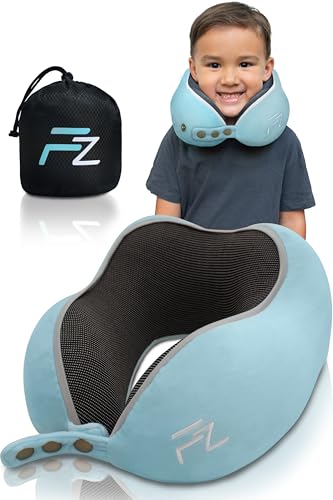 FLOWZOOM Nackenkissen für Kinder ab 3 Jahre - auch für Kinderautositze geeignet - einstellbares Memory Foam Nackenhörnchen mit weichem & waschbarem Bezug - inkl. Beutel - Blau, Größe S (ab 3 J.) von FLOWZOOM