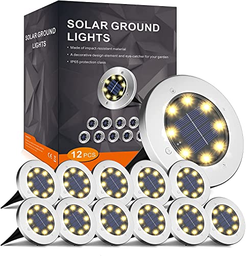 FLOWood Solar Bodenleuchte für Garten 8 LEDS Außenleuchte Wasserdicht Gartenleuchte Edelstahl Kunststoff ampe für außen Warmweiß 12 Stk [Energieklasse A] von FLOWood