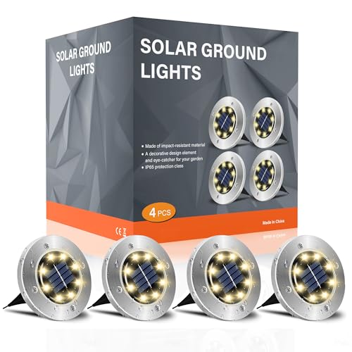 FLOWood Solar Bodenleuchte Solarleuchte für Garten 8 LEDS Solar Außenleuchte Wasserdicht Solar Gartenleuchte Edelstahl Kunststoff Solarlampe für außen Warmweiß 4 Stk [Energieklasse A], DMDW4 von FLOWood
