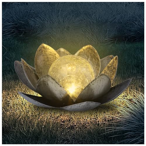 FLOWood Solarlampen für Außen Garten Lotus, Gartendeko für Draußen Lotusblten mit Crack Glas Kugel, Garten Geschenke für Frauen(Silber) von FLOWood