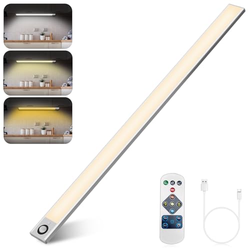 FLOWood Unterbauleuchte Küche LED mit Bewegungsmelder, 300LM Schrankbeleuchtung mit Fernbedienung Dimmbar 3 Farbmodi mit 4400 mAh USB Aufladbar Led Leiste für Schrank, Kleiderschrank (60CM-1PACK) von FLOWood