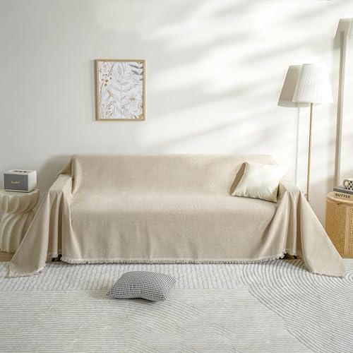 FLRISNTIG Schonbezug Mit Fransen, Chenille Decke, Anti-Rutsch-Abdeckung, Multifunktionsdecke Für Zuhause, Wohnzimmer Sofa, Büro (Beige, 180x230 cm) von FLRISNTIG