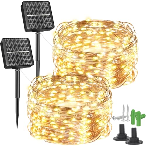 2 Stück * 12 M Solar Lichterkette Aussen, 120 LED 8 Lichtmodi Kupferdraht Solar Lichterkette, Beleuchtung Außen Deko Wetterfest für Garten, Bäume, Balkon, Terrasse, Tor, Hof, Weihnachten(Warmweiß） von FLSEPAMB