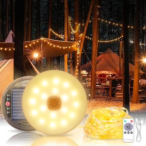 FLSEPAMB 3 In 1 130 LED Camping Lichterkette Aufrollbar,3600 Mah Campinglampe Solar mit Powerbank,SOS Leuchtfunktion Multifunktional Camping Zubehör Balkon Deko Solar/USB Aufladung von FLSEPAMB