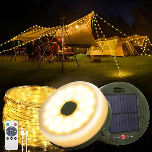 FLSEPAMB 12M Solar Camping Lichterkette Aufrollbar, 3600mAh Solar + USB Camping Licht als Powerbank fungieren, 8 Lichtmodi mit Fernbedienung Led Lichterkette für Balkon, Außendekoration von FLSEPAMB