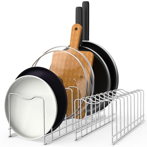 FLSEPAMB Pfannendeckelhalter, 2 Stück Deckelhalter Schublade mit 9 Slots, Metall Topfdeckelhalter geeignet für Backgeschirr, Serviertabletts, wiederverwendbare Halterung (8 Silikon-Fußabdeckungen) von FLSEPAMB