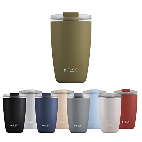 FLSK CUP Coffee to go-Becher (350 ml) • Kaffeebecher aus Edelstahl • Mehrwegbecher für unterwegs • Thermobecher auslaufsicher • Isolierbecher (Khaki) von FLSK