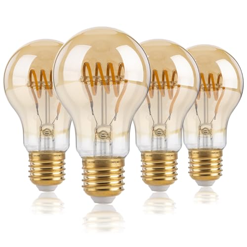 FLSNT Dimmbar E27 LED Warmweiss, A60 LED Spiral Filament Edison Glühbirne Vintage, 4W(Ersetzt 25W), 350LM LED Deko Glühbirne, 2700K Warmweiß, Bernsteinfarbenes Glas, 4 Stück von FLSNT