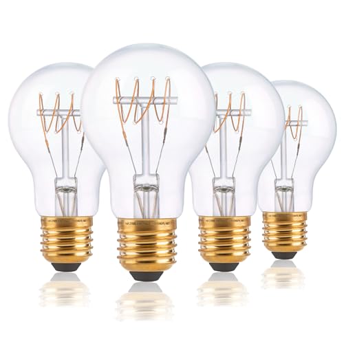 FLSNT Dimmbar E27 LED Warmweiss, A60 LED Spiral Filament Edison Glühbirne Vintage, 4W(Ersetzt 40W), 350LM LED Deko Glühbirne, 2200K Warmweiß, Klar Glas, 4 Stück von FLSNT