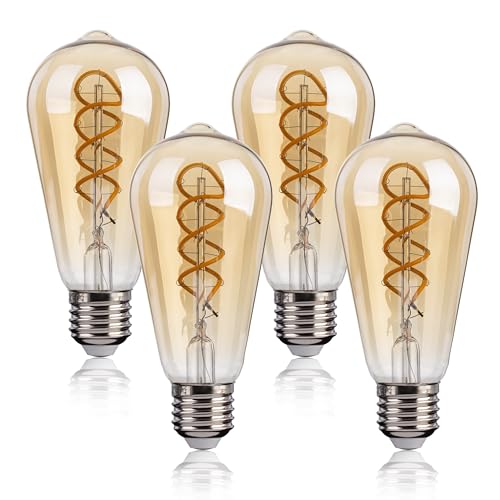 FLSNT Dimmbar E27 LED Warmweiss Ersetzt 40W, ST58 Retro LED Spiral Filament Glühbirne E27 Vintage, 4W Edison Vintage Glühbirne E27, 250LM Leuchtmittel E27 2200K Warmweiss, CRI90, 4 Stück von FLSNT