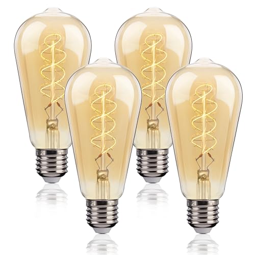 FLSNT Dimmbar Edison E27 LED Warmweiss, ST58 Superdünne LED Spiral Filament Vintage Glühbirne E27, 4W(Ersetzt 40W), 350LM LED Deko Glühbirne, 2200K Warmweiß, Bernsteinfarbenes Glas, 4 Stück von FLSNT
