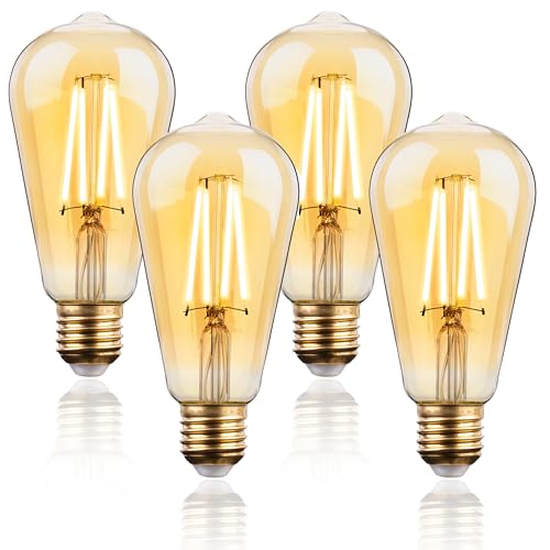 FLSNT Dimmbar Edison Glühbirne E27 Vintage, ST64 Retro LED Filament Glühbirne E27 LED Warmweiss, 7W(Ersetzt 60W), 700LM 2700K Warmweiß, Bernsteinfarbenes Glas, 4 Stück von FLSNT