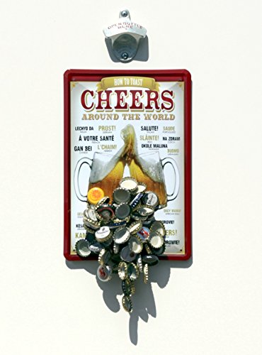 Wand-Flaschenöffner/STARR-X-Wandflaschenöffner mit Magnet-Falle/Fang + Blechschild "Cheers, Prost, Salute!" Bier - Gimmick" von FLUX Objects
