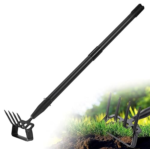 Gartenhacke, 185cm 2-in-1 Steigbügelhacke Gartenwerkzeuge mit 4-Zahn Spike, Hula Hacke mit verstellbarem Langem Griff für Unkraut, Lockerung Boden von FLY HAWK