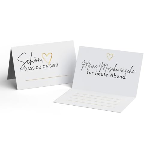 Tischkarten Hochzeit (100 Stück) Goldene Platzkarte zum Geburtstag mit Musikwunschkarte in der Innenseite I Stabile Namenskarte (8,5cm x 5cm) "Schön, dass Du da bist" von FLYERALARM