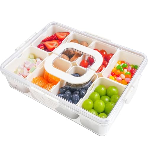 FLYGRRIV Snackbox mit 8 Fächern, Snackteller mit Deckel und Griffen, Snackdose für Snacks kinder, Süßigkeiten, Kekse, Nüsse, Obst - Ideal für Picknicks, Partys, Schulen von FLYGRRIV