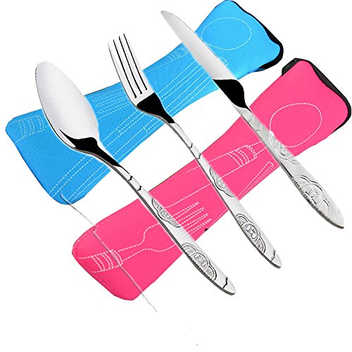 6 PCS Besteck Messer, Gabeln, Löffel, FLYING 2 Pack Lightweight Edelstahl Geschirr Geschirr mit Tragetasche Perfekt für Reisen Camping Picnic Working Wandern Home. von YoMaris