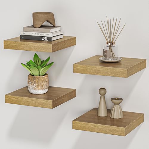 FLYJOE Quadratische schwebende Regale für die Wand, 20,3 cm B x 20,3 cm T x 3 cm H, kleine Wandregale aus Holz mit unsichtbaren Halterungen für Wohnzimmer, Schlafzimmer, Badezimmer, Küchendekoration von FLYJOE