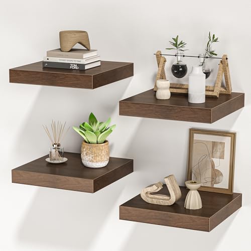 FLYJOE Quadratische schwebende Regale für die Wand, 25,4 cm B x 25,4 cm T x 3 cm H, kleine Wandregale aus Holz mit unsichtbaren Halterungen für Wohnzimmer, Schlafzimmer, Badezimmer, Küchendekoration von FLYJOE