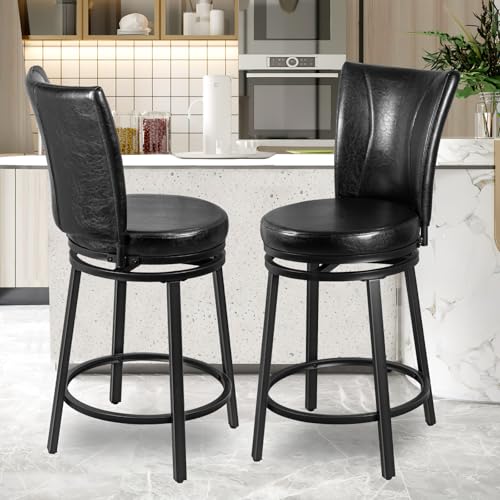 FLYZC Barhocker 2er-Set, Thekenhöhe, drehbarer Barstuhl mit hoher Rückenlehne, 61 cm, runder Sitz, Barhocker für Kücheninsel, Kneipe, Metallfuß, gepolsterte Esszimmerstühle aus PU-Leder, Schwarz FLYZC Barhocker 2er-Set, Thekenhöhe, drehbarer Barstuhl mit hoher Rückenlehne, 61 cm, runder Sitz, Barhocker für Kücheninsel, Kneipe, Metallfuß, gepolsterte Esszimmerstühle aus PU-Leder, Schwarz von FLYZC