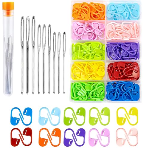 FLZONHUT 120 Stücke Maschenmarkierer,10 Farben Häkel-Maschenmarkierer mit 9 Stück Großen Augen,Kunststoff-Nadelclips Stichnadelclips mit Aufbewahrungsbox für Stricken,Häkeln oder Basteln von FLZONHUT