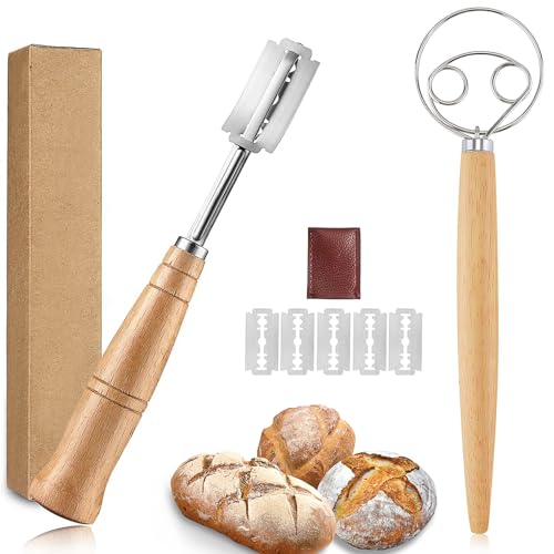 FLZONHUT Bäckermesser Set,10 Zoll Dänischer Teigbesen Bäckermesser Teigmesser mit 5 Stück Edelstahlklingen Leder-Schutzabdeckung Brot Lahm Bread Cutter Doppellöcher Brotmixer für Brot Einschneiden von FLZONHUT