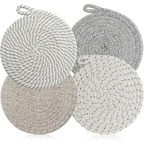 Topfuntersetzer Hitzebeständig,4 Stück Teller Untersetzer Rund Topf Untersetzer Set Tischsets Platzsets Runde Geflochtene Untersetzer mit Haken für Küchenessen Couchtisch Schutz 20 cm von FLZONHUT