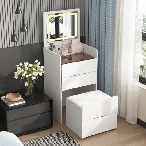 Integrated Dressing Table with Lighted Mirror, Folding Vanity Table with Internal Storage, Dressing Table with Drawer, LED Mirror in 3 Colours and Stool Wooden Dressing Table for Bedroom 40x40x82cm von FMBLDM