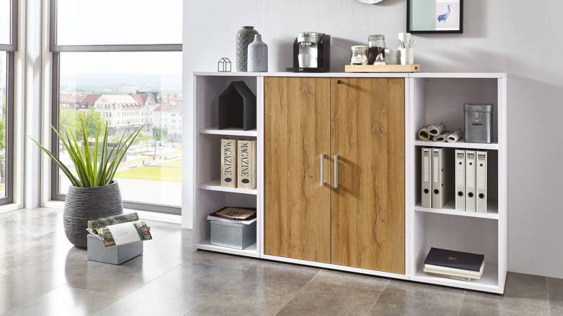 FMD Möbel Aktenregal Regalwand Calvia Regal Sideboard weiß Alteiche abschließbar von FMD Möbel