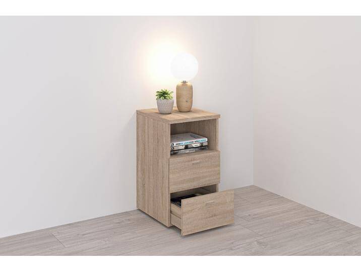 Nachtkonsole FMD Suva , braun (struktureichefarben hell), B:35cm H:60cm T:40cm, Holzwerkstoff, Sideboards, Nachttisch m. 2 Schubkästen und offenem Fach, 60 cm hoch, 35 cm breit von FMD-Möbel