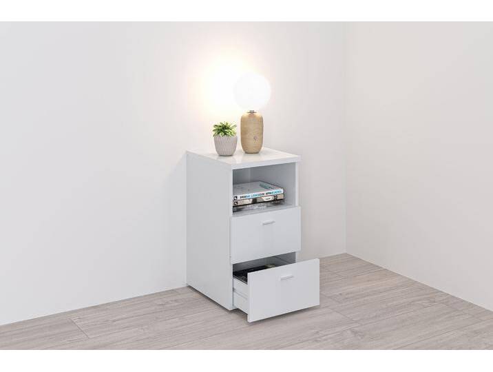 Nachtkonsole FMD Suva , weiß (weiß hochglanz), B:35cm H:60cm T:40cm, Holzwerkstoff, Sideboards, Nachttisch m. 2 Schubkästen und offenem Fach, 60 cm hoch, 35 cm breit von FMD-Möbel