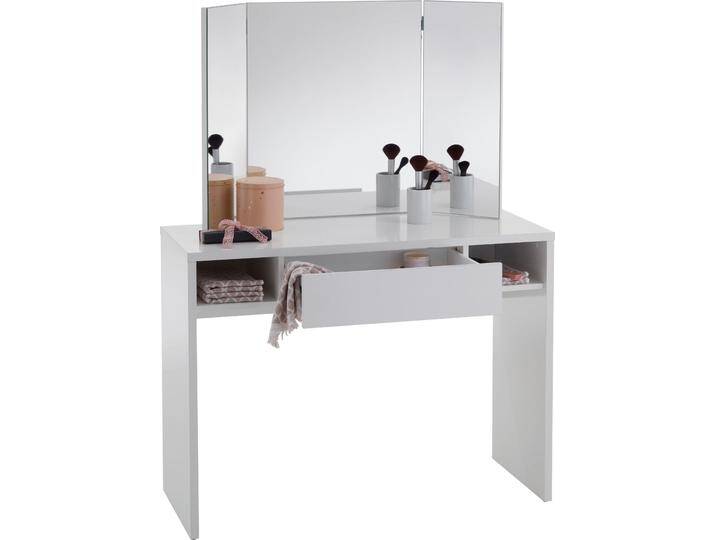 Schreibtisch FMD Schminki , weiß (weiß edelglanz), B:100cm H:135,7cm T:41,5cm, Tische, mit dreiteiligem Faltspiegel und Schublade von FMD-Möbel