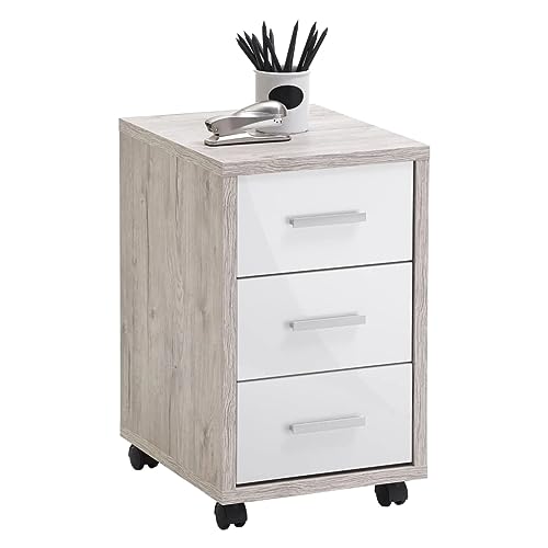 FMD Möbel, 367-002E Diego 5 Rollcontainer, Spanplatte, Sandeiche/Hochglanz-Weiß, Maße 35.0 x 53.6 x 42.0 cm (BHT) von FMD furniture