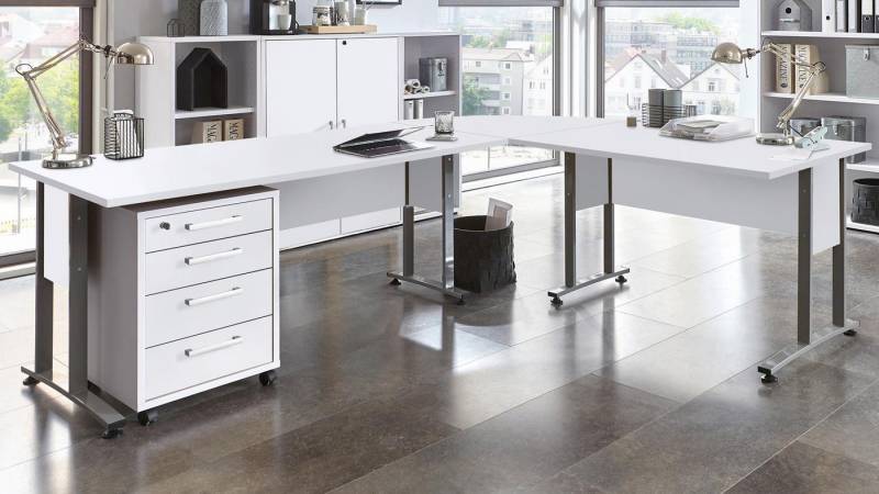 FMD Eckschreibtisch Winkelschreibtisch Calvia 240x200 cm weiß inkl. Rollcontainer von FMD