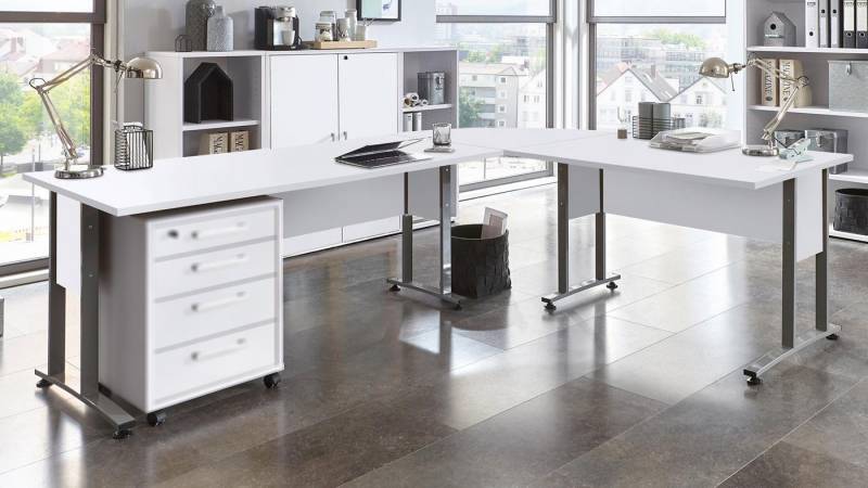 FMD Eckschreibtisch Winkelschreibtisch Calvia 240x200cm in weiß mit Metallkufen von FMD