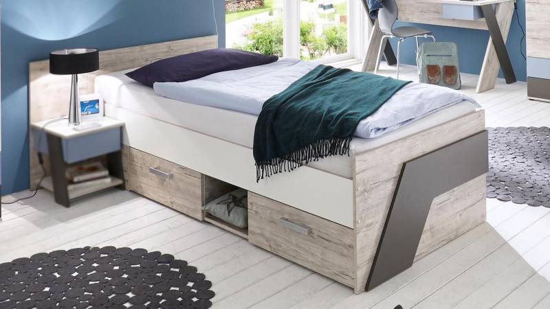 FMD Jugendbett Jugendbett NONA Kinderbett Bett Einzelbett in Sandeiche weiß 90x200 cm von FMD