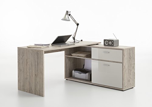 FMD Möbel, 367-001 Diego Schreibtisch, Holzwerkstoff, Sandeiche/Hochglanz-Weiß, Maße 134.0 x 141.0 cm von FMD