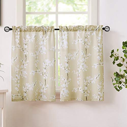 Beige Küchenvorhänge mit Fenstern, weiße Blüten-Druck, Lichtfilterung, Sichtschutz-Ebenen für Badezimmer, Wohnzimmer, Privatsphäre, kleine Café-Vorhang-Sets, 66 cm B x 61 cm L 2 Paneele von FMFUNCTEX