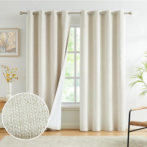 FMFUNCTEX Leinen 100% Verdunklungsvorhänge Vorhang Blickdicht Gardinen mit Ösen kurz Hellbeige 245×132cm(H×B) für Wohnzimmer Schlafzimmer,2er Set von FMFUNCTEX