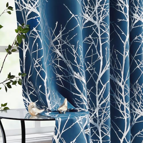 FMFUNCTEX Metallic Tree Blackout Curtains Bedroom 84 Inch Long Blue Living-Room Branch Print Curtain Panels Triple Weave Thermal Insulated Drapes for Windows Dorm Hotel Grommet Top, Navy 2Panels von FMFUNCTEX