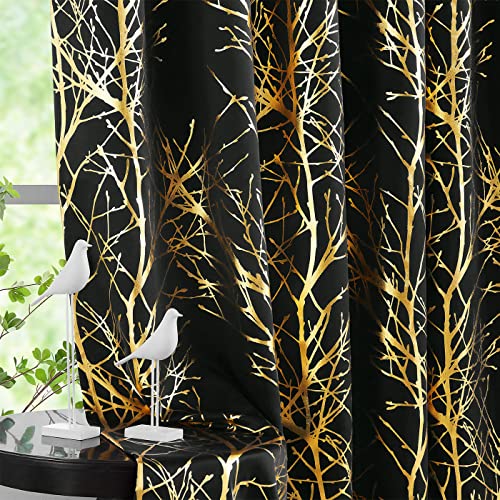 FMFUNCTEX Metallic Zweig Blickdichte Vorhänge Schwarze Goldfolie Verdunkelungsvorhänge mit Ösen Thermoisolierte Lichtundurchlässig Vorhänge für Wohnzimmer Schlafzimmer(Schwarz Gold,132×245cm) von FMFUNCTEX