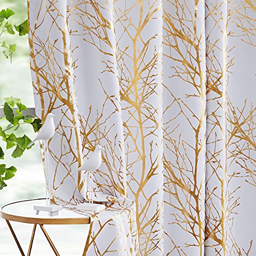 FMFUNCTEX Metallic Zweig Blickdichte Vorhänge Weiß Goldfolie Verdunkelungsvorhänge mit Ösen Thermoisolierte Lichtundurchlässig Vorhänge für Wohnzimmer Schlafzimmer(Weiß Gold,132×225cm) von FMFUNCTEX